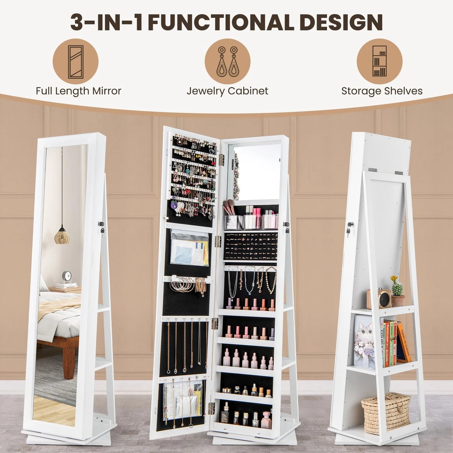 360° Swivel Jewelry Armoire with Full Length Mirror and Back Shelves