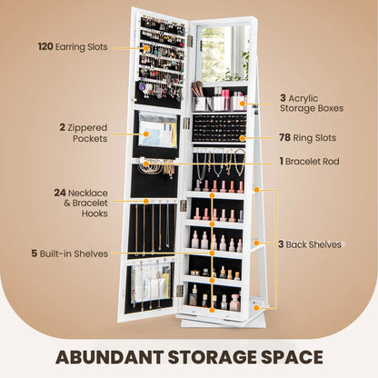 360° Swivel Jewelry Armoire with Full Length Mirror and Back Shelves