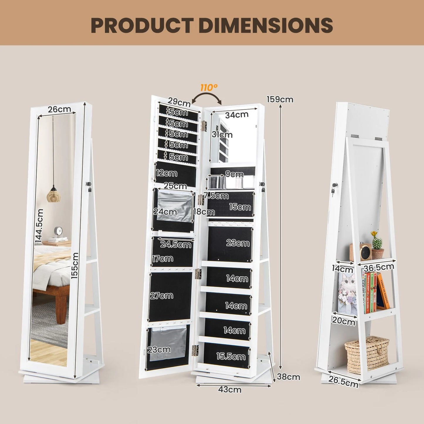 360° Swivel Jewelry Armoire with Full Length Mirror and Back Shelves