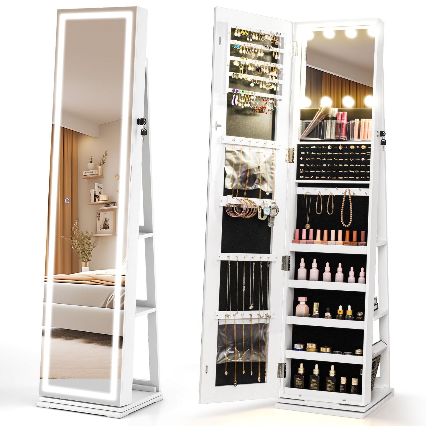 360° Swivel Jewelry Cabinet Freestanding Jewelry Storage Organizer with Lighted Full Length Mirror