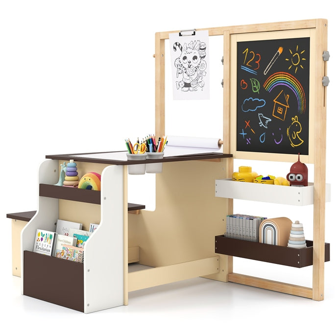 Kids Art Easel Table and Bench Set with Adjustable Easel and Bookshelf