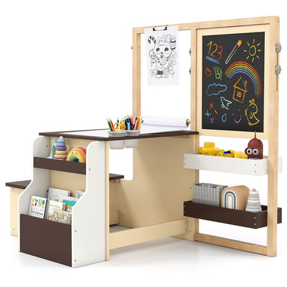 Kids Art Easel Table and Bench Set with Adjustable Easel and Bookshelf