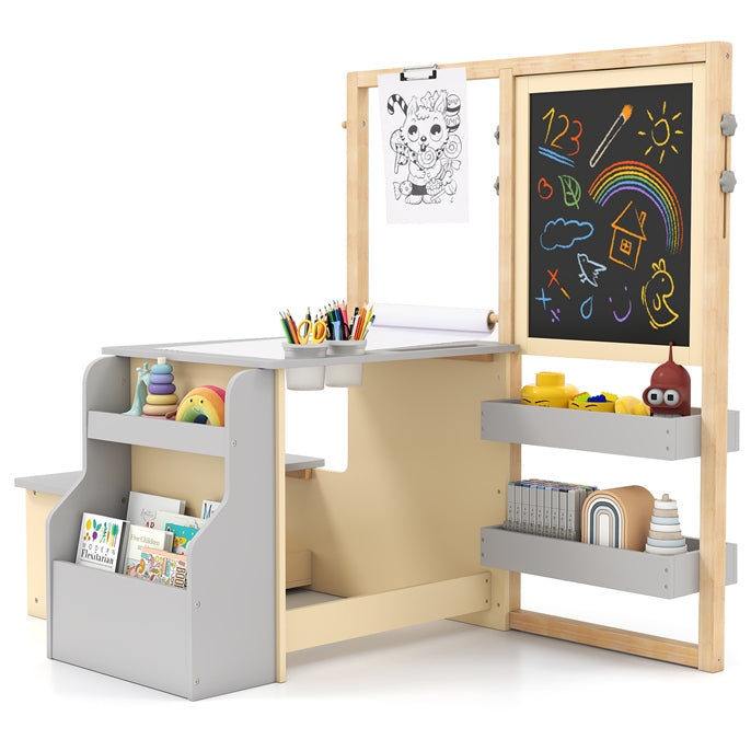 Kids Art Easel Table and Bench Set with Adjustable Easel and Bookshelf