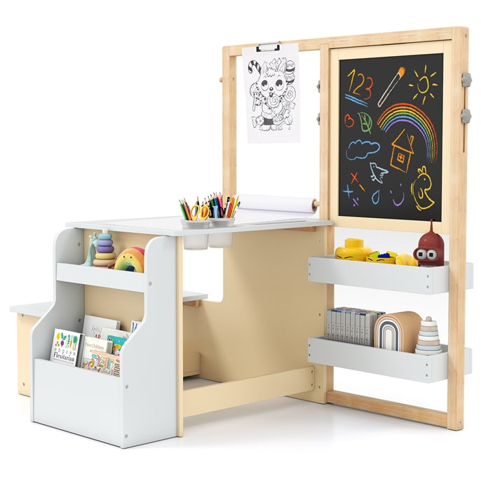 Kids Art Easel Table and Bench Set with Adjustable Easel and Bookshelf
