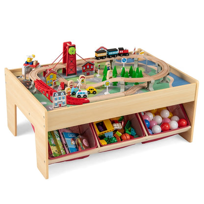 Wooden Train Set Table with 2 Reversible Tabletops and 3 Fabric Drawers