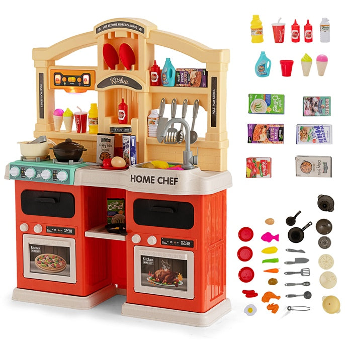 69 Pieces Kids Kitchen Playset Toy with Boiling and Vapor Effects
