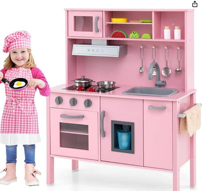 Wooden Kids Play Kitchen Set with Microwave Stoves Oven