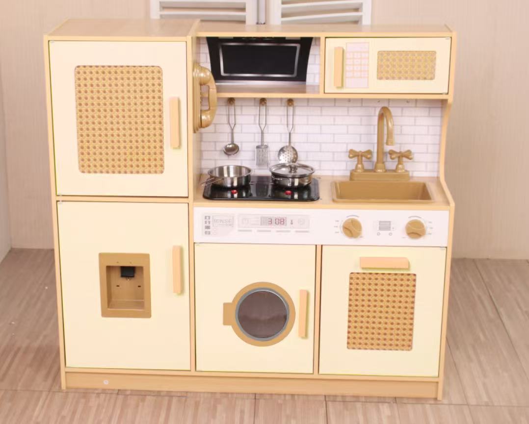Wooden Kids Kitchen Playset with Real Sounds Lights Stove Water Dispenser