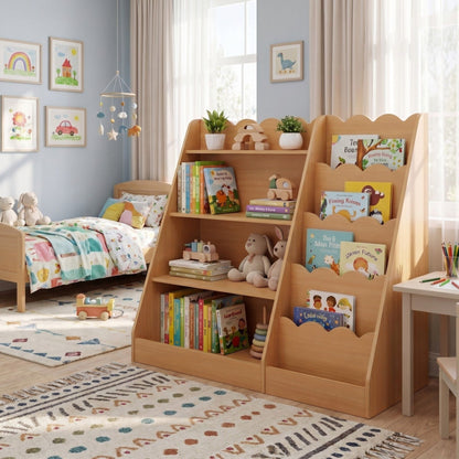 Montessori Kids Bookshelf with 5-Tier Scalloped Shelves for Nursery and Kids Room
