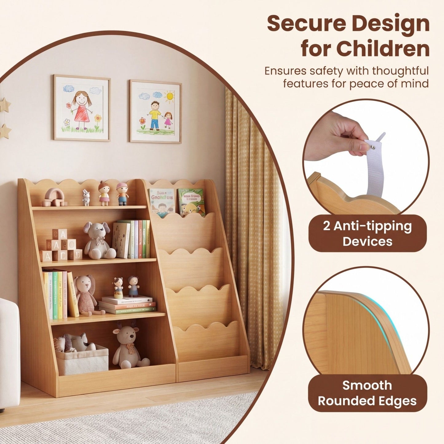 Montessori Kids Bookshelf with 5-Tier Scalloped Shelves for Nursery and Kids Room