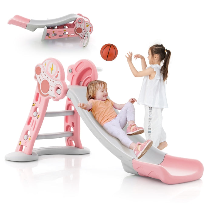 3-in-1 Indoor Slide with Basketball Hoop & Small Basketball for Kids