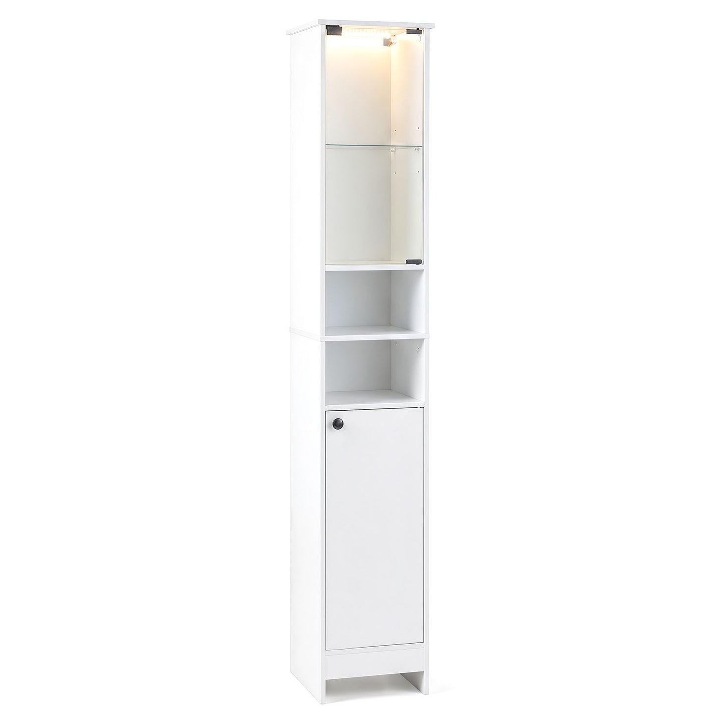 Tall Bathroom Cabinet with Lights Remote Control Open Shelves and Adjustable Shelves