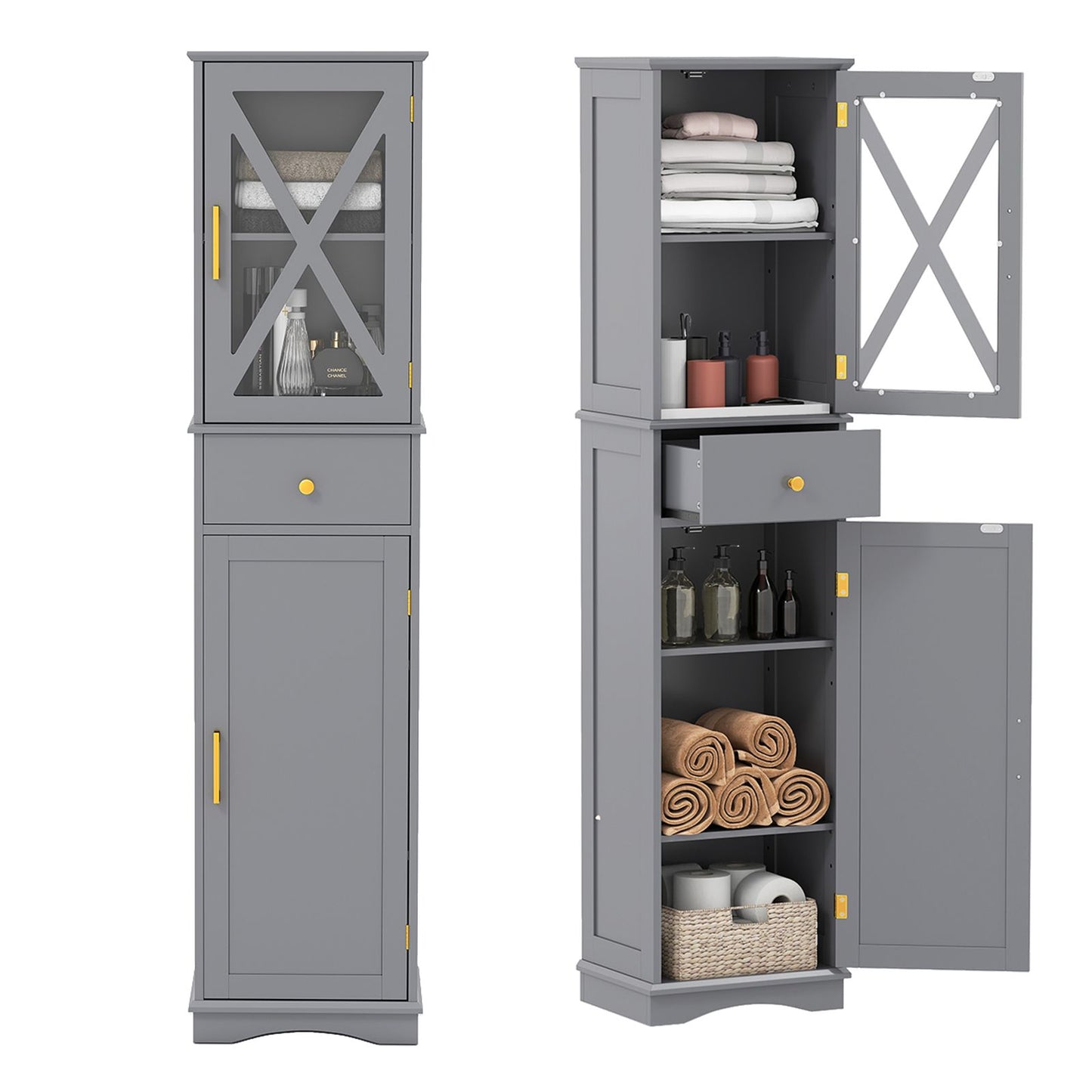 Wooden Freestanding Bathroom Tall Cabinet with 2 Doors & Adjustable Shelves