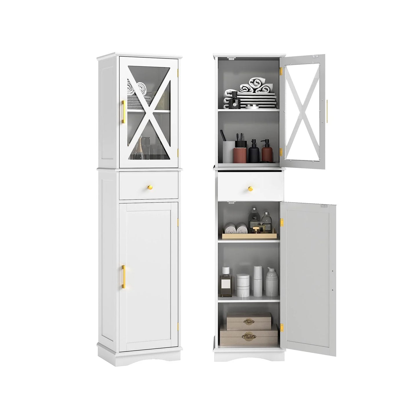 Wooden Freestanding Bathroom Tall Cabinet with 2 Doors & Adjustable Shelves