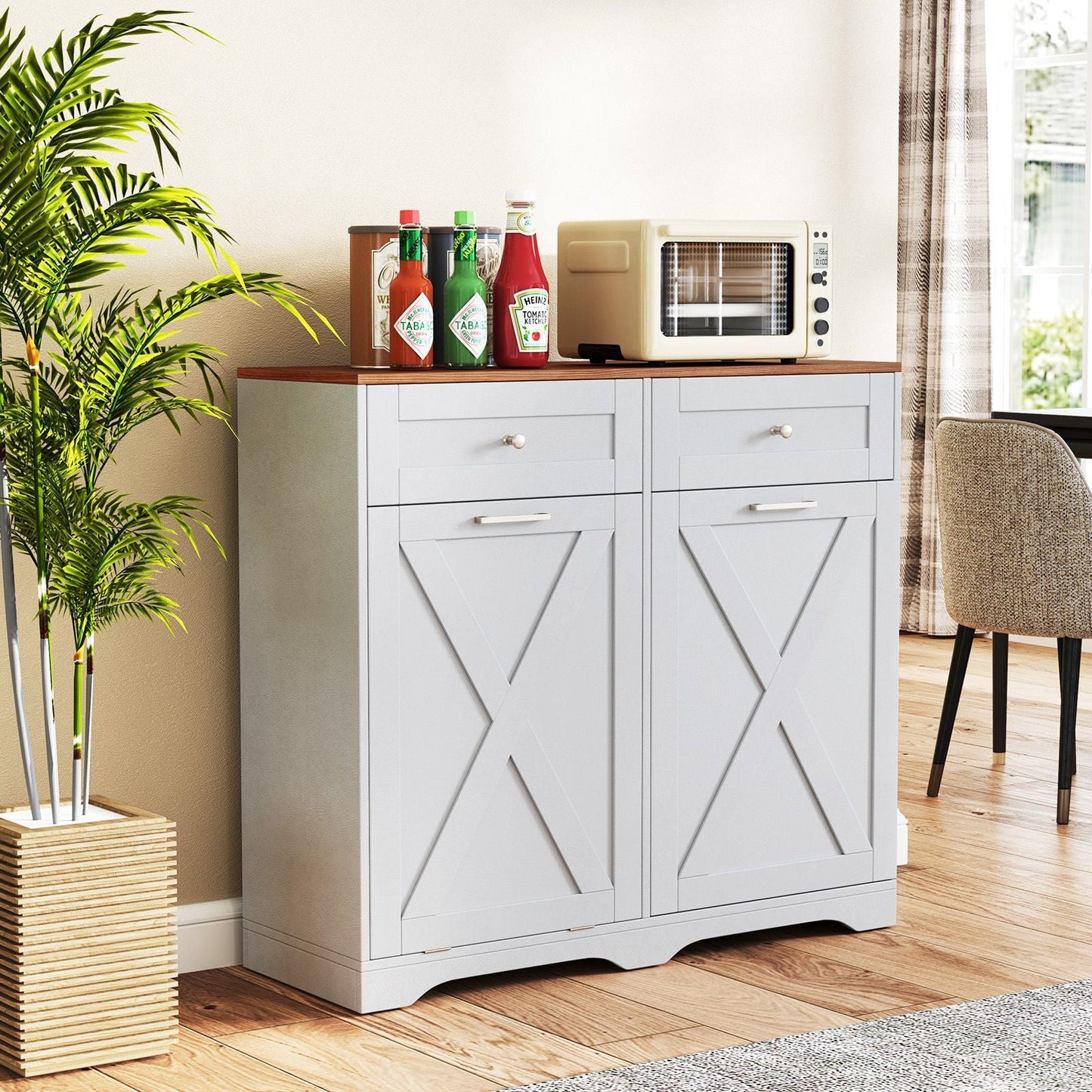 Tilt Out Trash Can Cabinet with Outlets and Adjustable Shelf for Kitchen