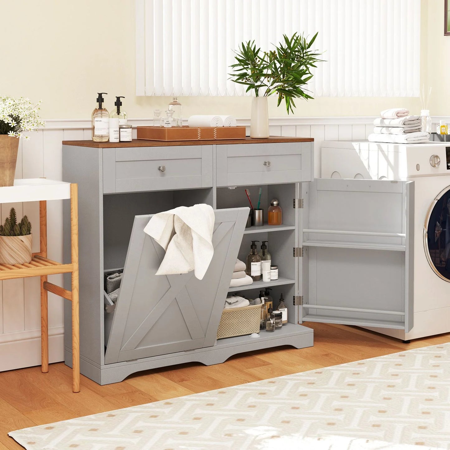 Tilt Out Trash Can Cabinet with Outlets and Adjustable Shelf for Kitchen