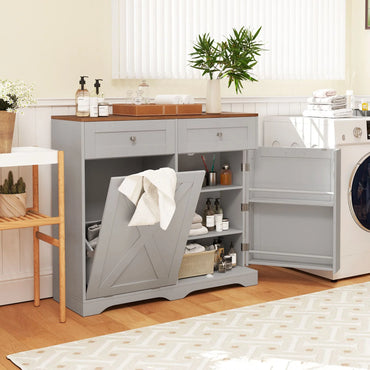 Tilt Out Trash Can Cabinet with Outlets and Adjustable Shelf for Kitchen