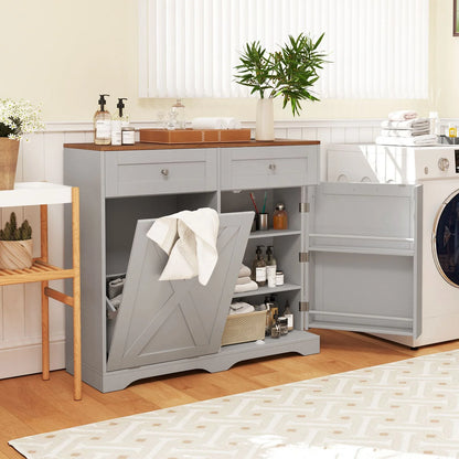 Tilt Out Trash Can Cabinet with Outlets and Adjustable Shelf for Kitchen