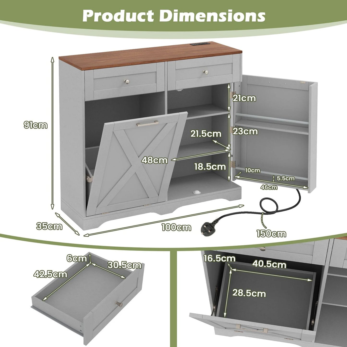 Tilt Out Trash Can Cabinet with Outlets and Adjustable Shelf for Kitchen