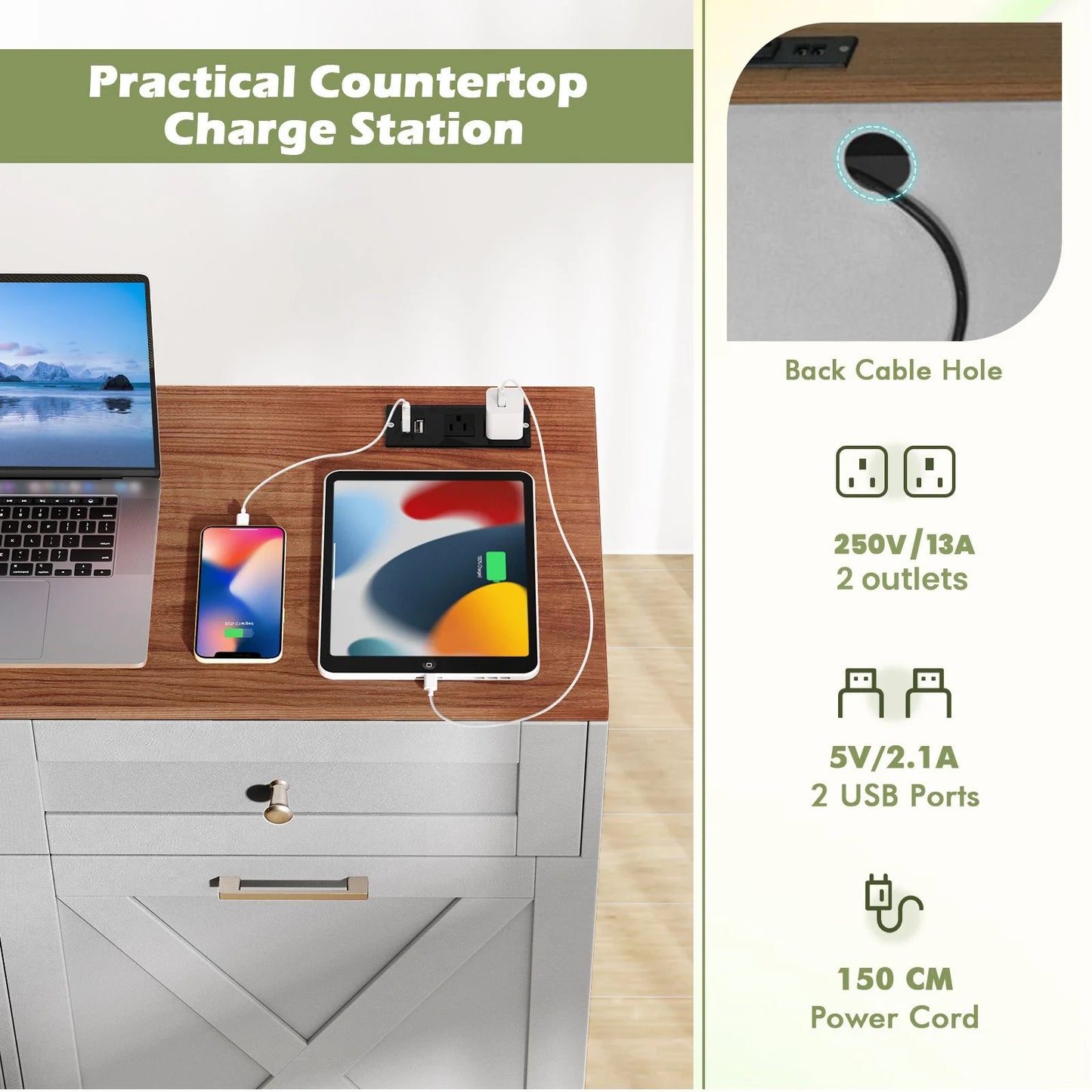 Tilt Out Trash Can Cabinet with Outlets and Adjustable Shelf for Kitchen