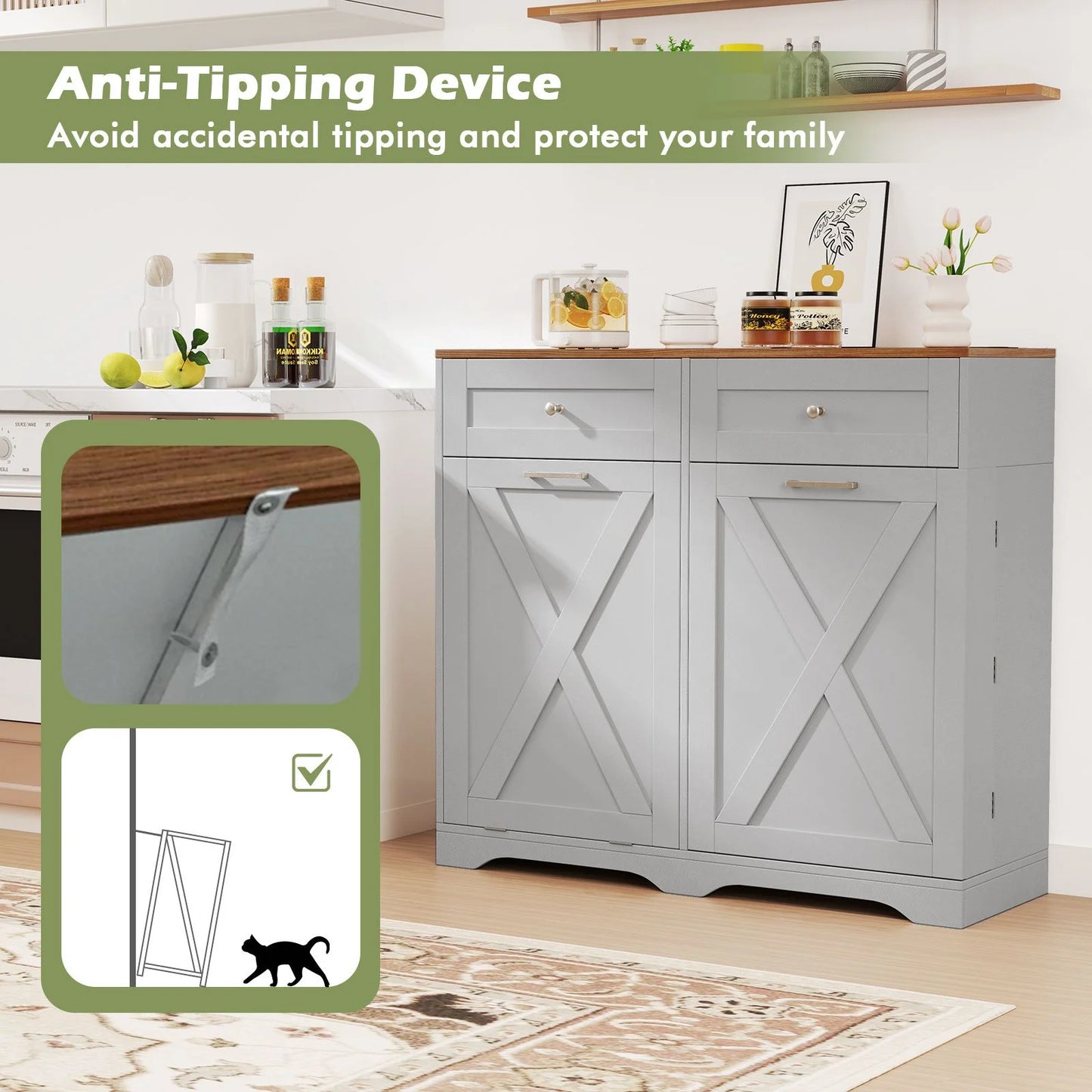 Tilt Out Trash Can Cabinet with Outlets and Adjustable Shelf for Kitchen