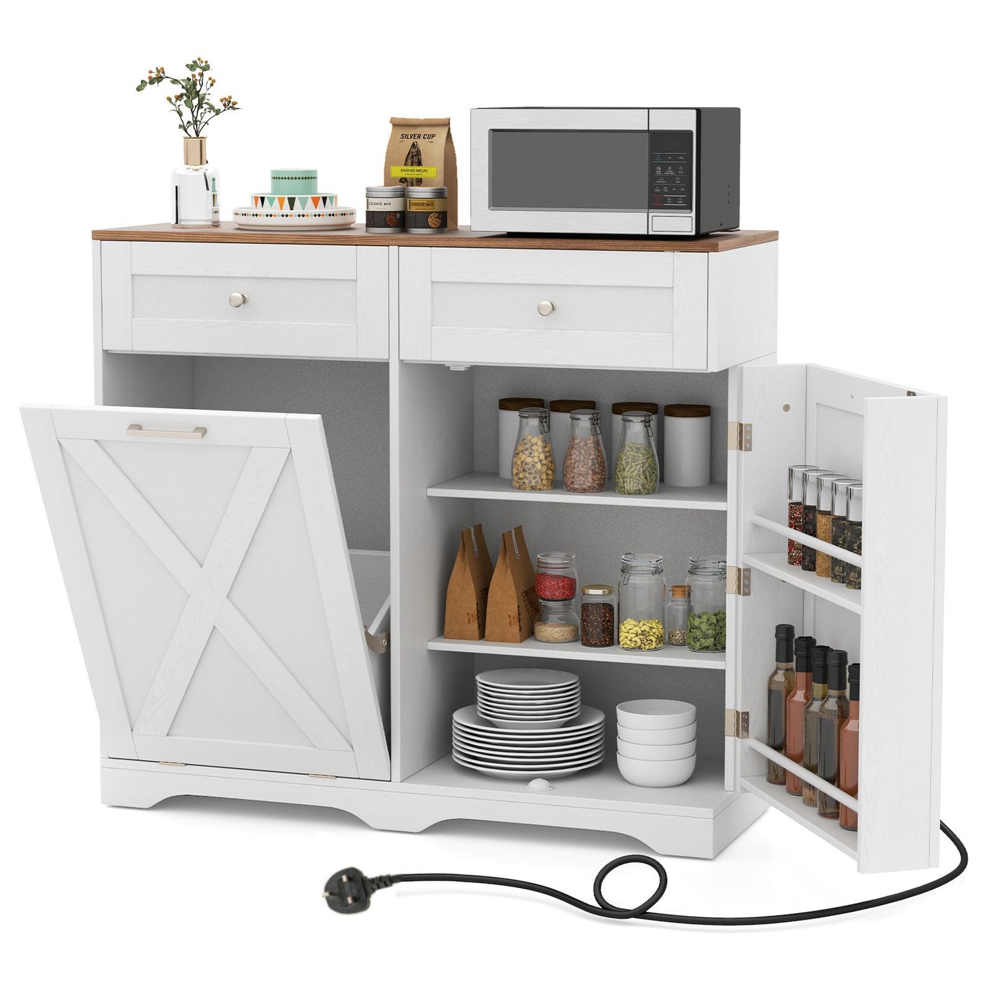 Tilt Out Trash Can Cabinet with Outlets and Adjustable Shelf for Kitchen