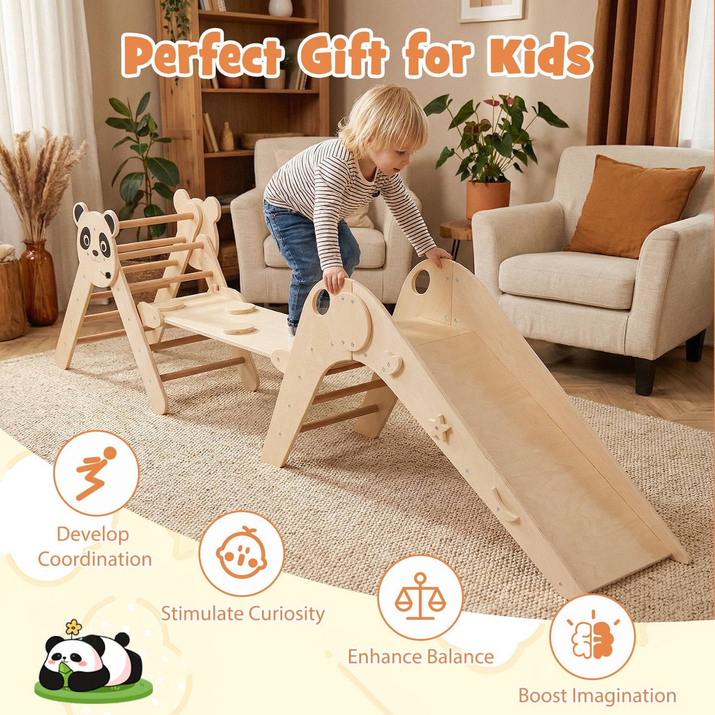 Triangle Set Foldable Kids Climbing Toys Panda-Themed Wood Montessori Climbing Set