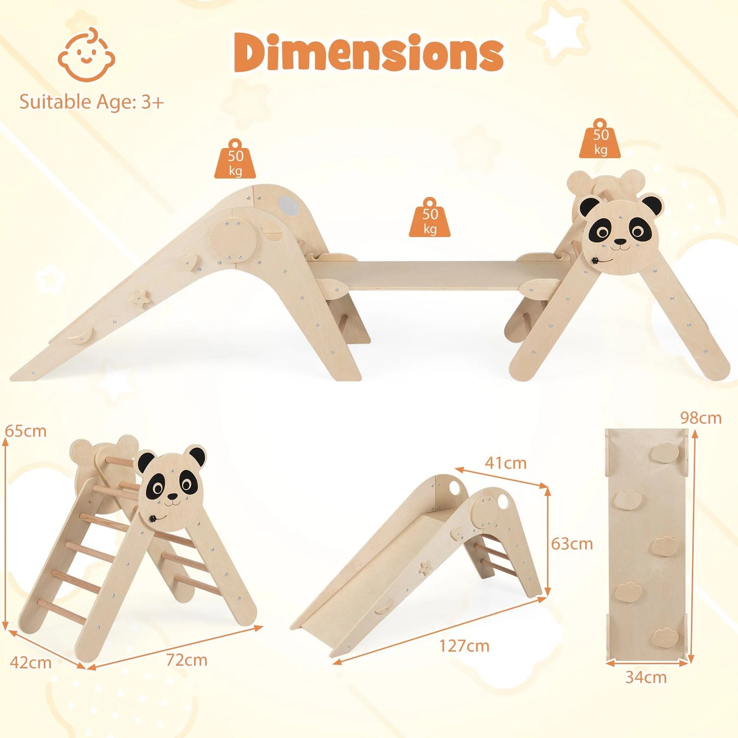 Triangle Set Foldable Kids Climbing Toys Panda-Themed Wood Montessori Climbing Set