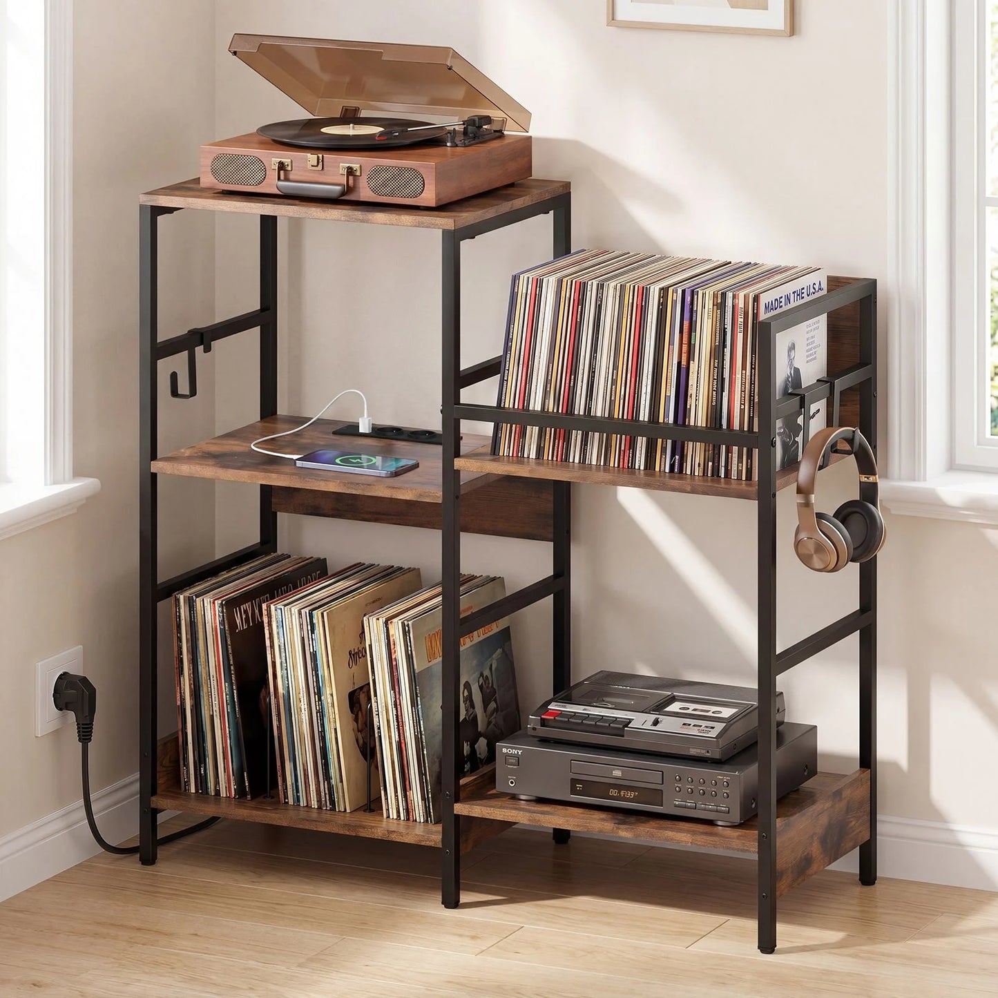 Turntable Stand with Record Rack Hanging Hooks and Compartments for Bedroom