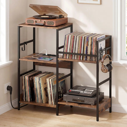 Turntable Stand with Record Rack Hanging Hooks and Compartments for Bedroom