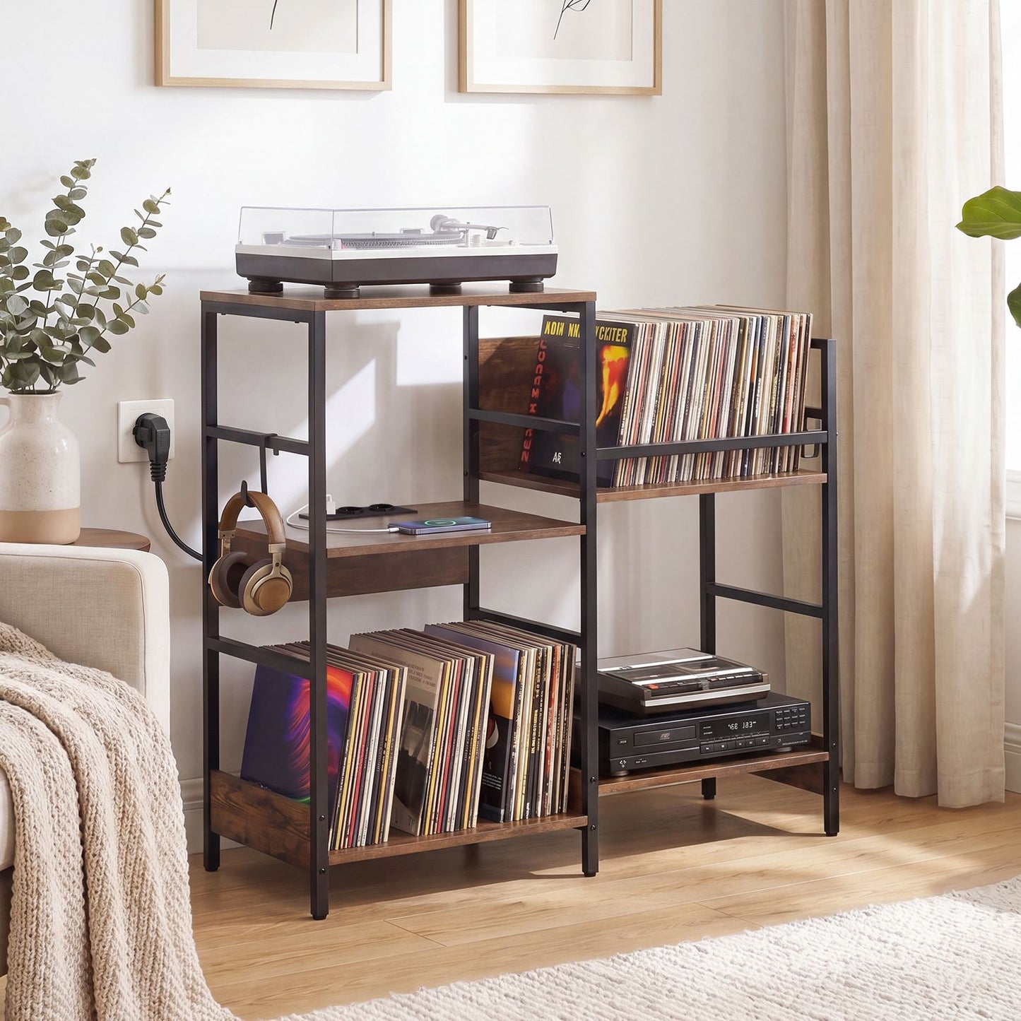 Turntable Stand with Record Rack Hanging Hooks and Compartments for Bedroom