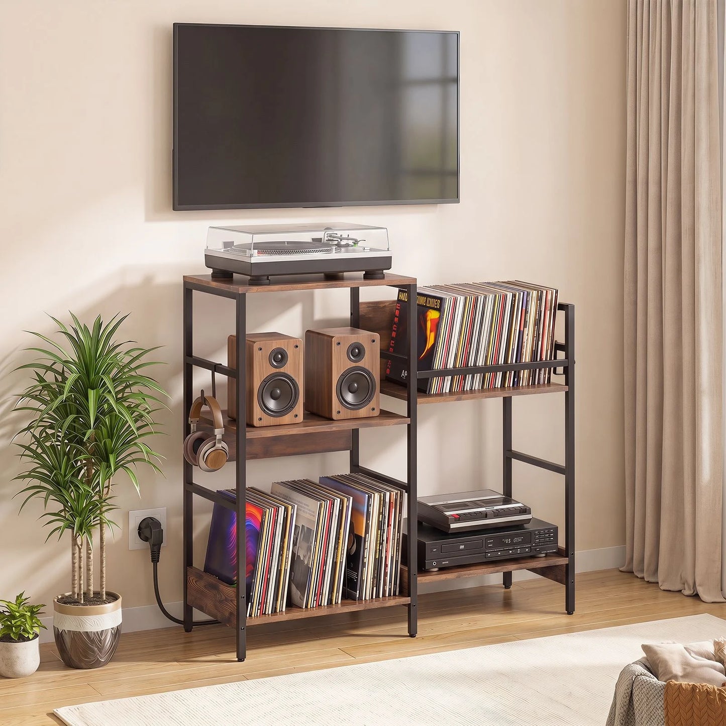 Turntable Stand with Record Rack Hanging Hooks and Compartments for Bedroom