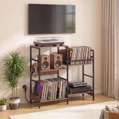 Turntable Stand with Record Rack Hanging Hooks and Compartments for Bedroom