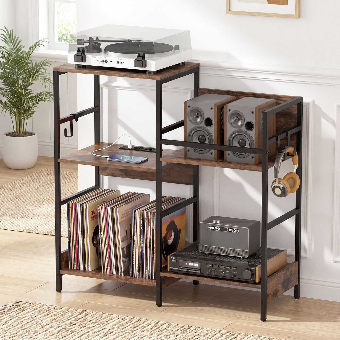 Turntable Stand with Record Rack Hanging Hooks and Compartments for Bedroom