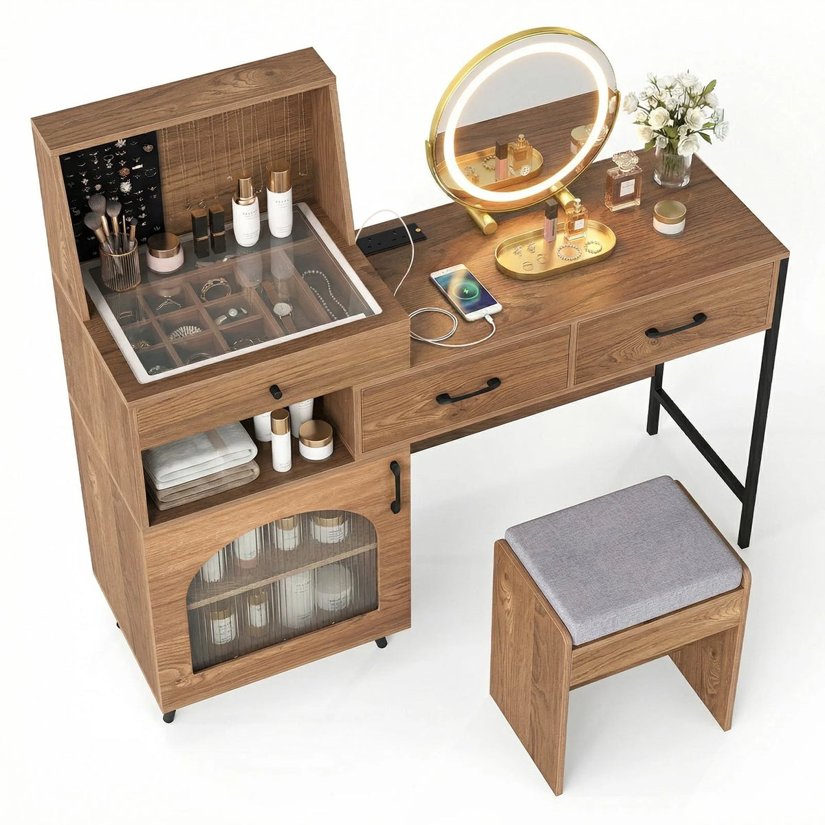 Dressing Table with 3-Color LED Lights Swivel Mirror and Stool