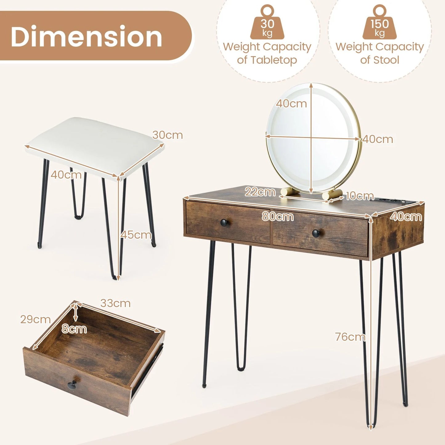 Vanity Desk with Mirror and Lights Makeup Dressing Table