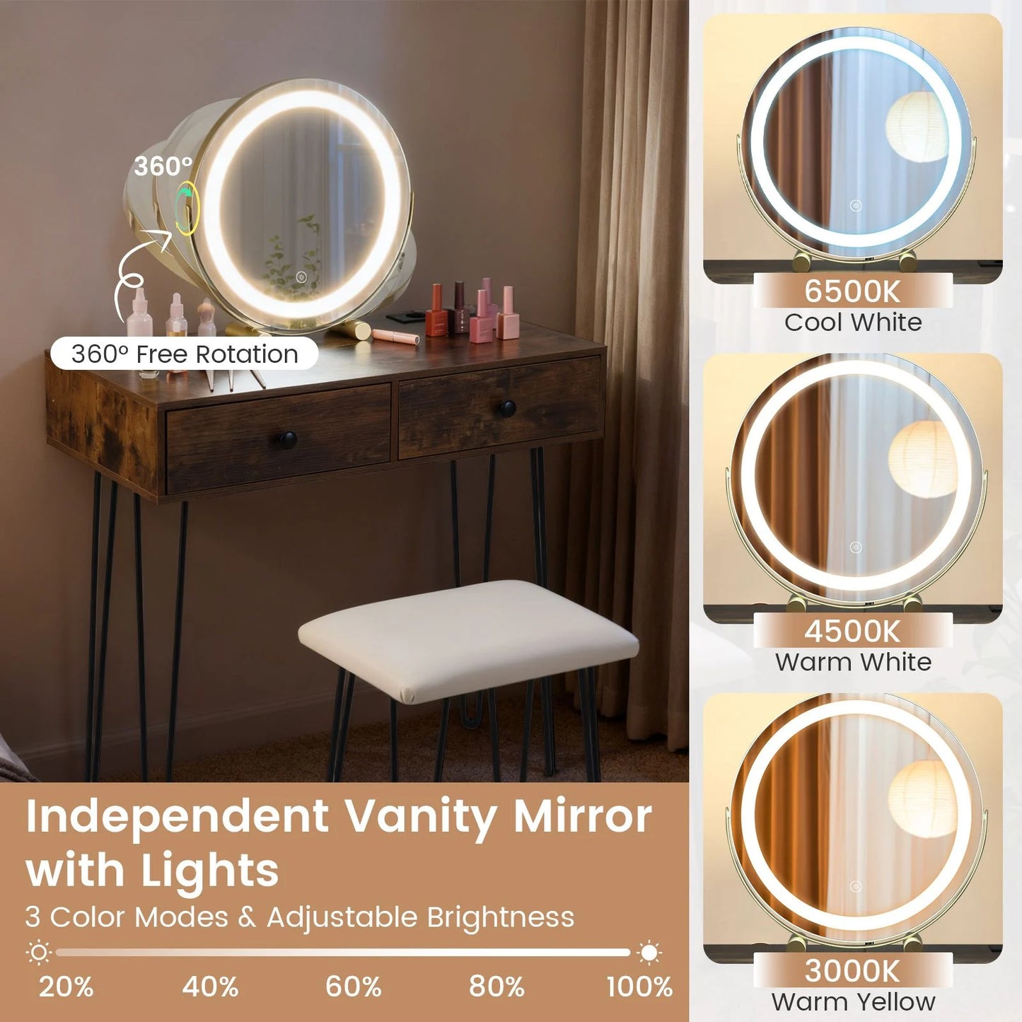Vanity Desk with Mirror and Lights Makeup Dressing Table