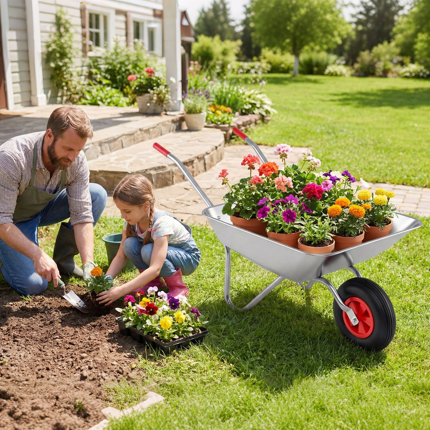 Wheelbarrow Cart 1-Wheel Garden Utility Cart with 2 Handlebars and Large Rubber Tire