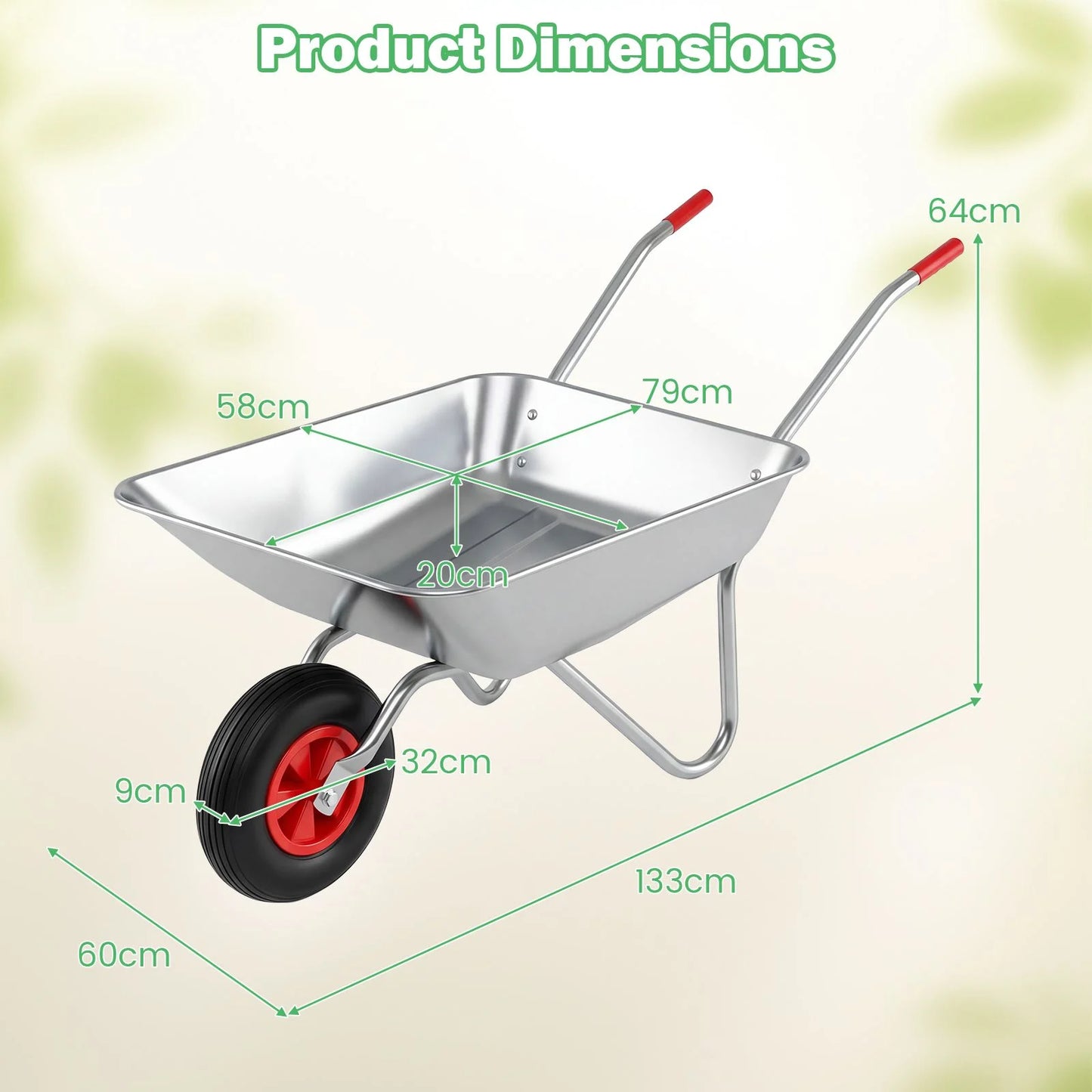 Wheelbarrow Cart 1-Wheel Garden Utility Cart with 2 Handlebars and Large Rubber Tire