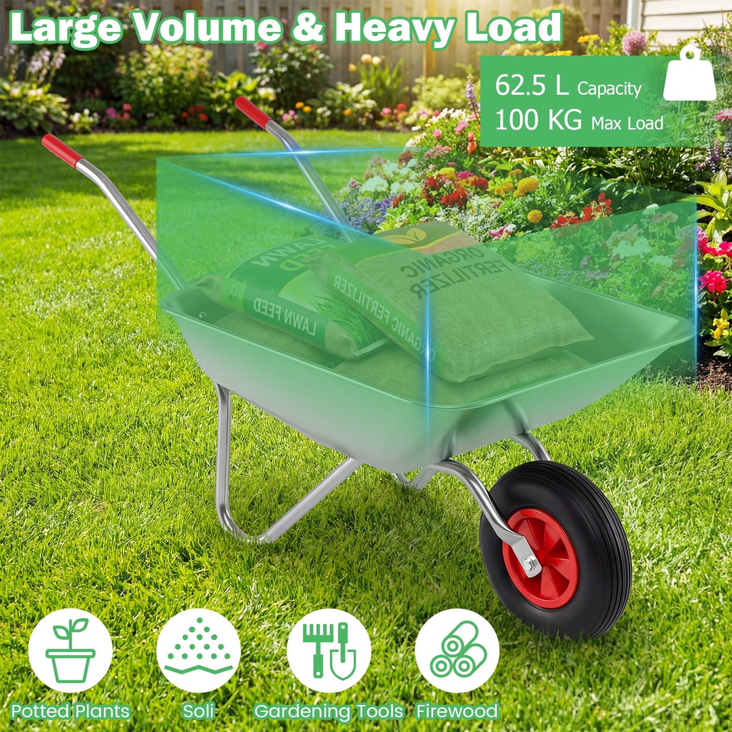 Wheelbarrow Cart 1-Wheel Garden Utility Cart with 2 Handlebars and Large Rubber Tire
