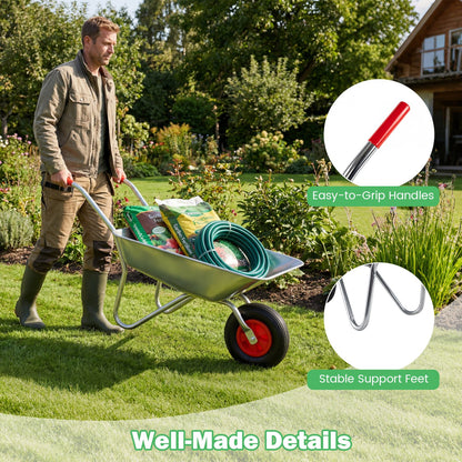 Wheelbarrow Cart 1-Wheel Garden Utility Cart with 2 Handlebars and Large Rubber Tire