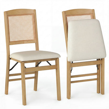 Wooden Folding Chairs Set of 2 Rustic Rubber Wood Dining Chairs with Linen Padded Seat