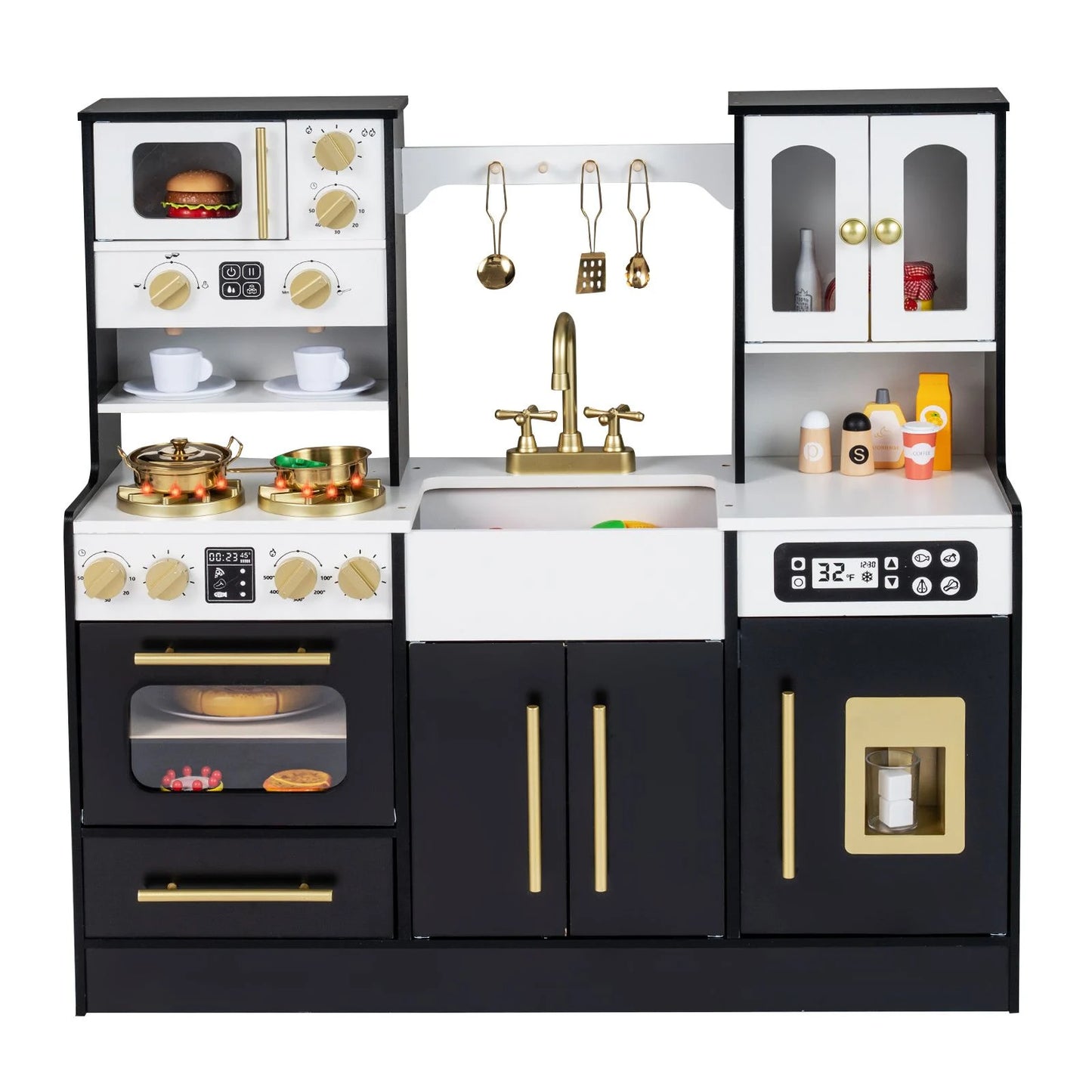 Wooden Play Kitchen with Realistic Lights and Sounds for Boys Girls 3+