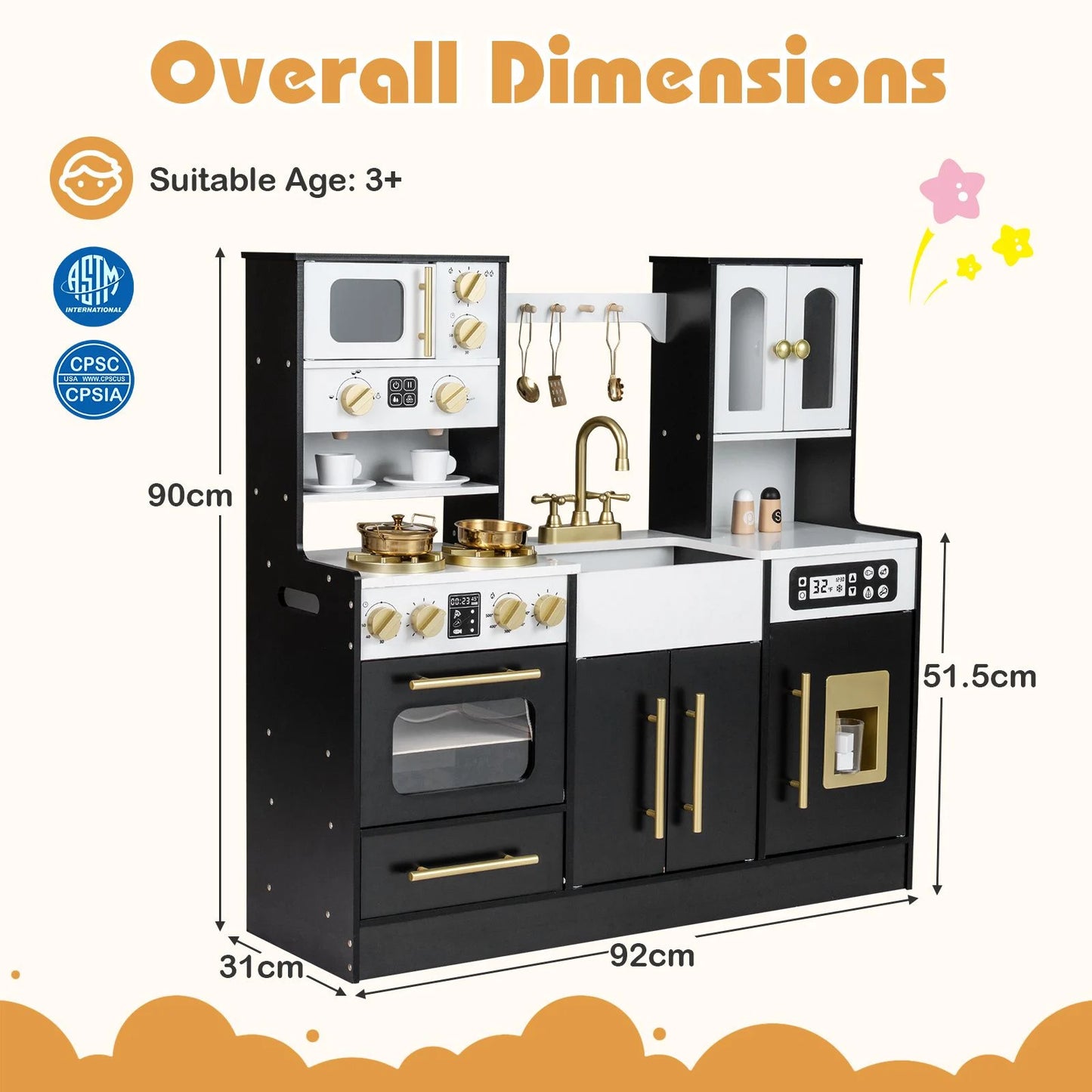Wooden Play Kitchen with Realistic Lights and Sounds for Boys Girls 3+
