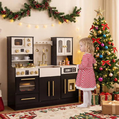 Wooden Play Kitchen with Realistic Lights and Sounds for Boys Girls 3+