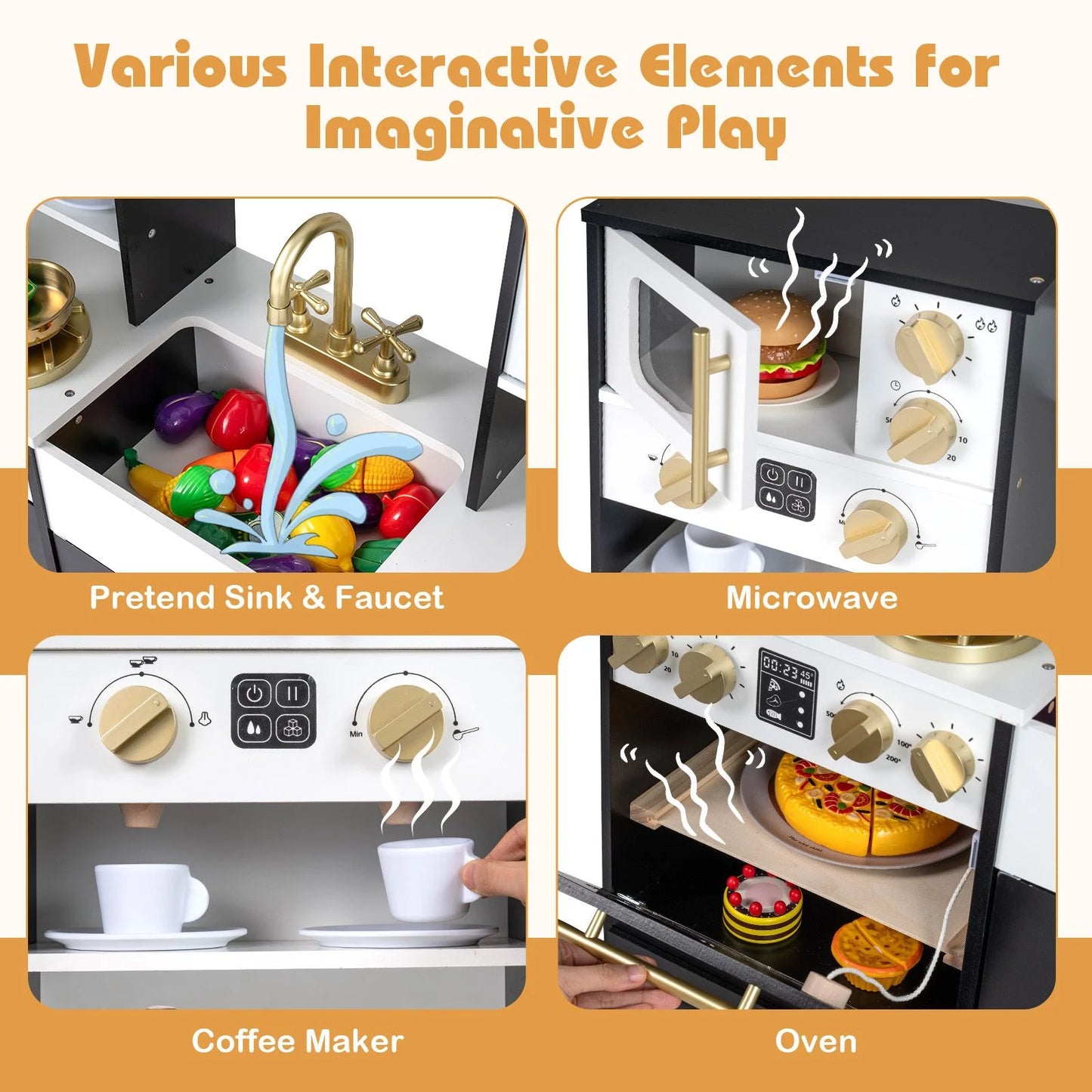 Wooden Play Kitchen with Realistic Lights and Sounds for Boys Girls 3+