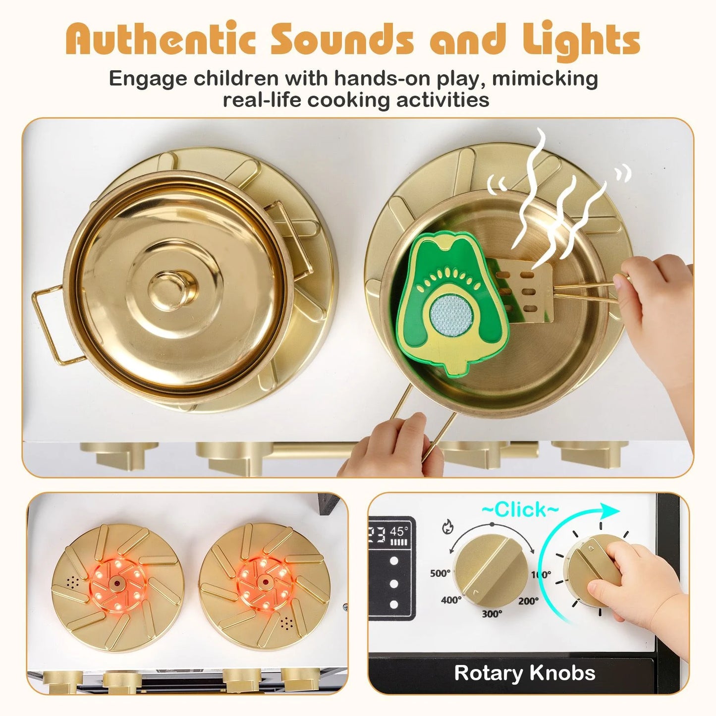 Wooden Play Kitchen with Realistic Lights and Sounds for Boys Girls 3+