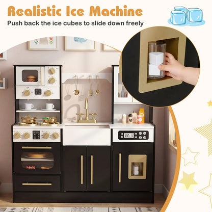 Wooden Play Kitchen with Realistic Lights and Sounds for Boys Girls 3+
