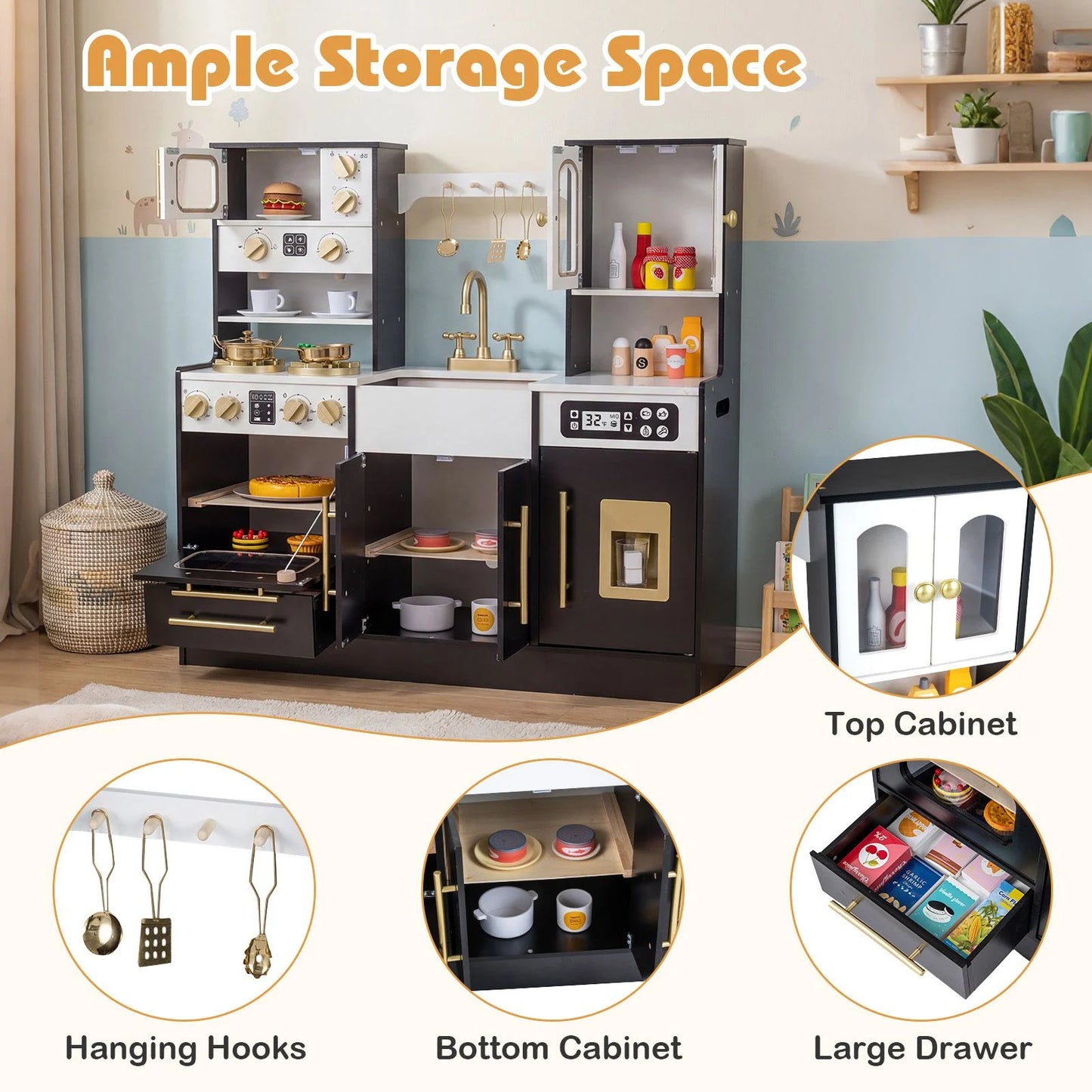 Wooden Play Kitchen with Realistic Lights and Sounds for Boys Girls 3+