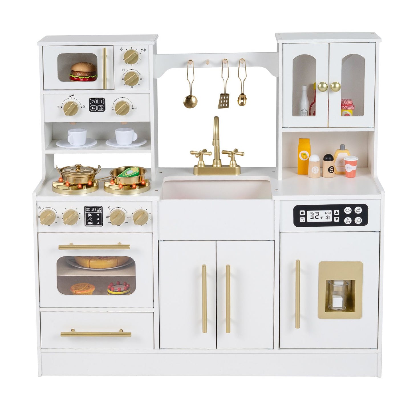 Wooden Play Kitchen with Realistic Lights and Sounds for Boys Girls 3+